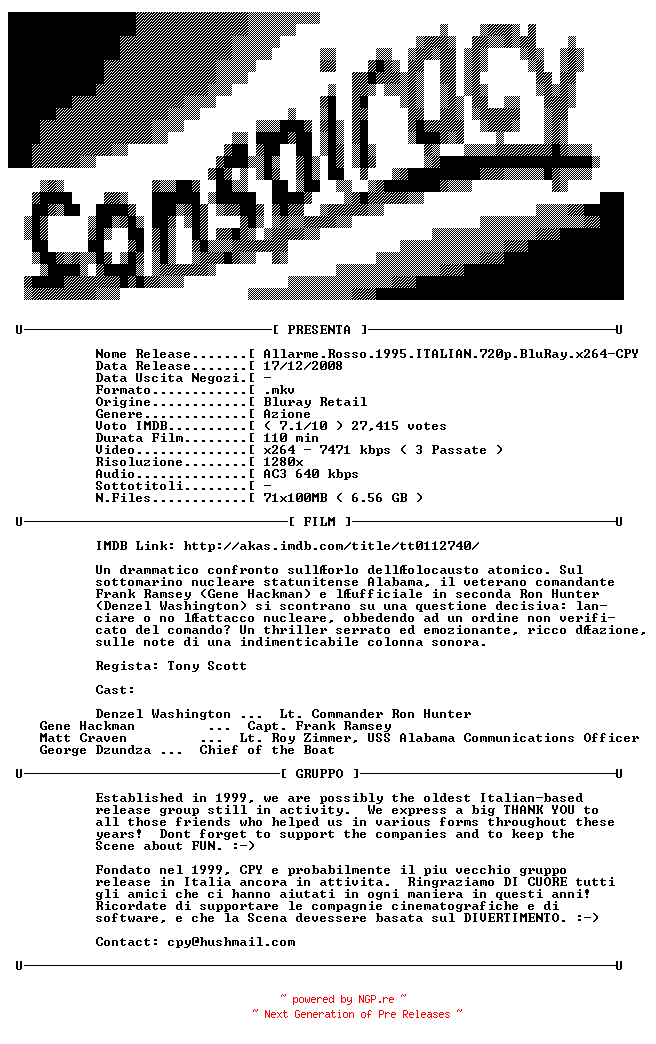 NFO for the release Allarme.Rosso.1995.ITALIAN.720p.BluRay.x264-CPY by CPY