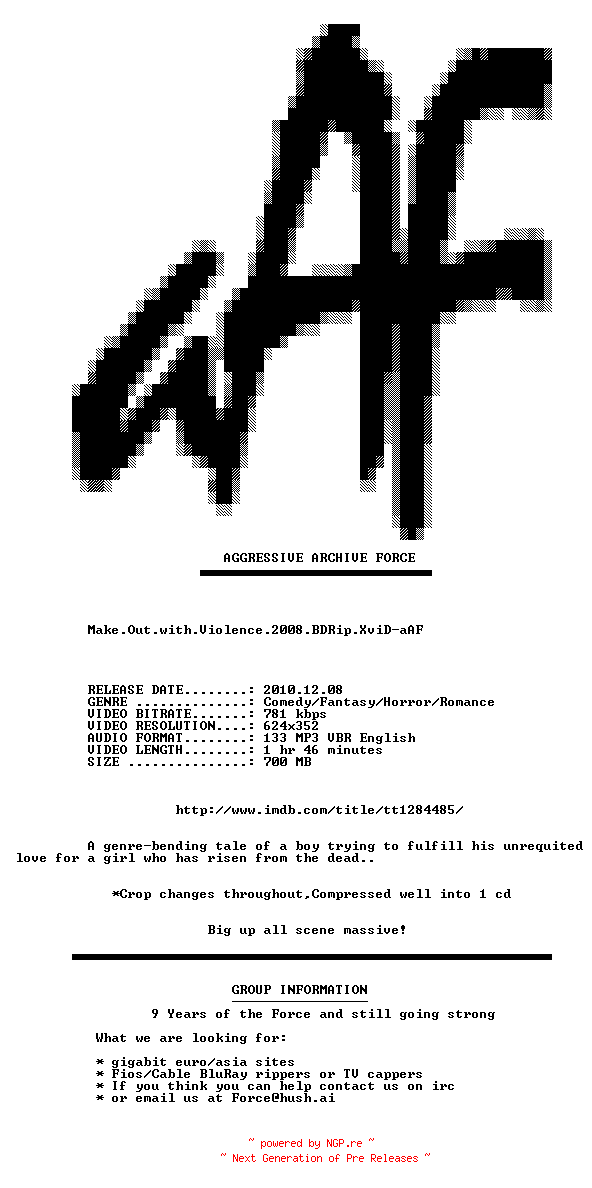 NFO for the release Make.Out.with.Violence.2008.BDRip.XviD-aAF by aAF