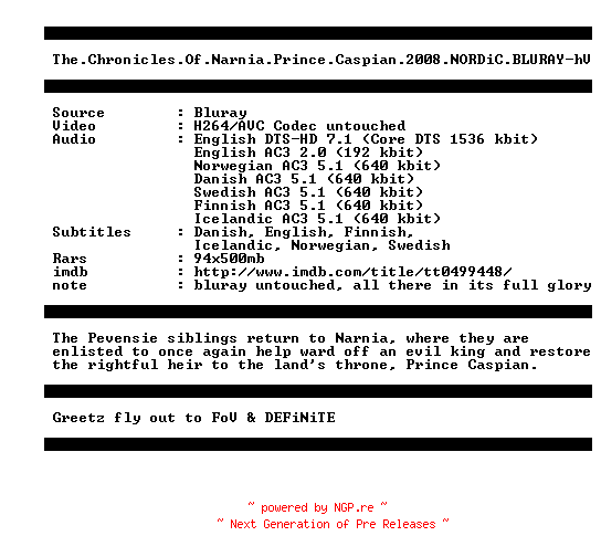 NFO for the release The.Chronicles.Of.Narnia.Prince.Caspian.2008.NORDiC.BLURAY-hV by hV