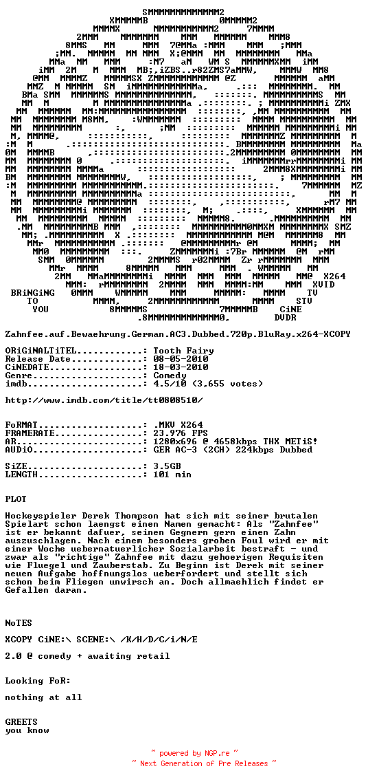 NFO for the release Zahnfee.auf.Bewaehrung.German.AC3.Dubbed.720p.BluRay.x264-XCOPY by XCOPY