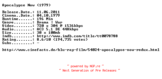 NFO for the release Apocalypse.Now.Redux.German.1979.AC3.BDRip.XviD.INTERNAL-ARC by ARC