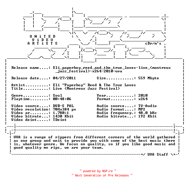 NFO for the release Eli_paperboy_reed_and_the_true_loves-live_(montreux_jazz_festival)-x264-2010-uva by uva