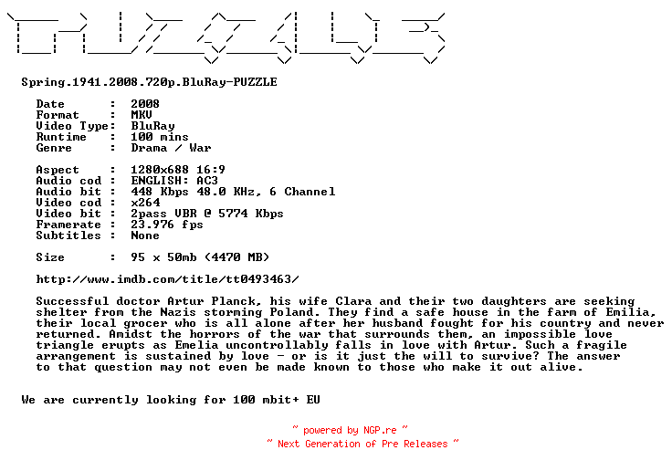 NFO for the release Spring.1941.2008.720p.BluRay-PUZZLE by PUZZLE