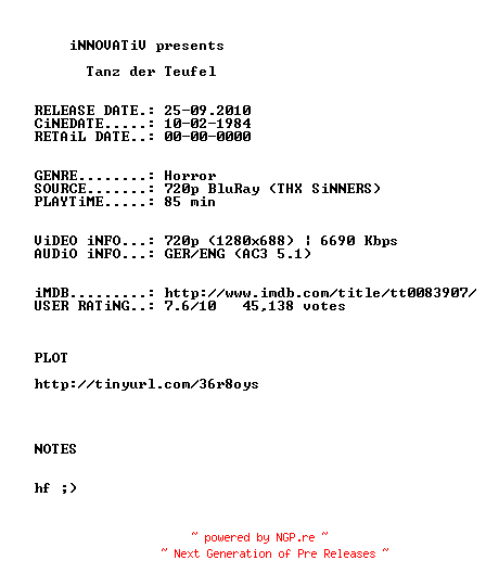 NFO for the release Tanz.der.Teufel.1981.German.AC3D.DL.720p.BluRay.x264-iNNOVATiV by iNNOVATiV