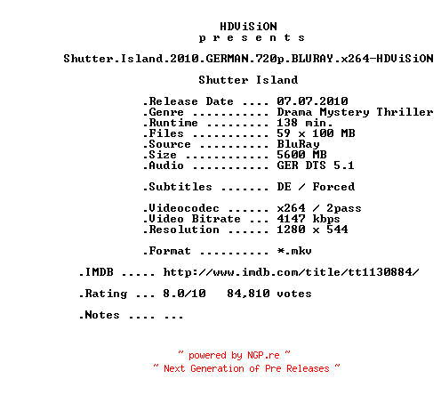 NFO for the release Shutter.Island.2010.GERMAN.720p.BLURAY.x264-HDViSiON by HDViSiON