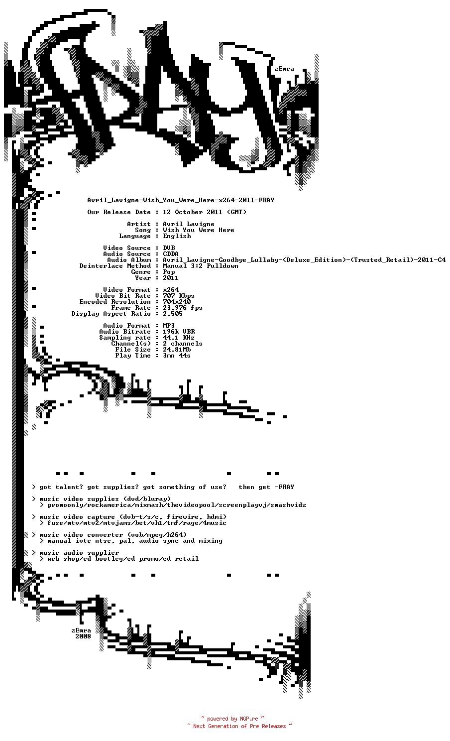 NFO for the release Avril_Lavigne-Wish_You_Were_Here-x264-2011-FRAY by FRAY
