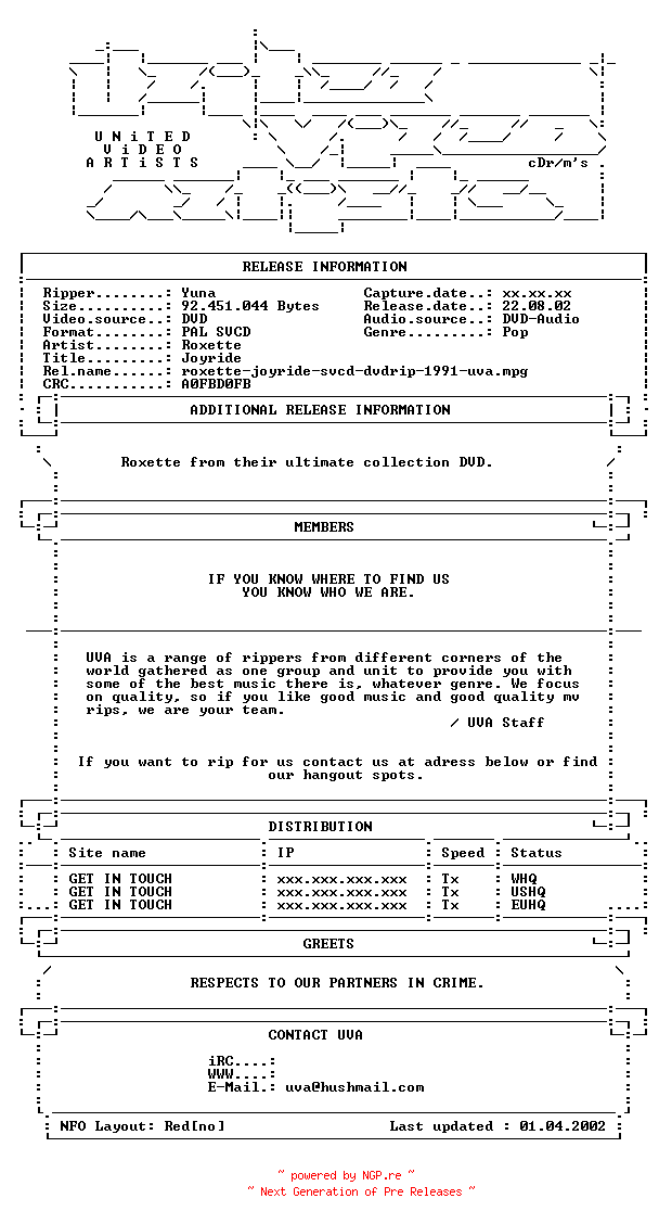 NFO for the release Roxette-joyride-svcd-dvdrip-1991-uva by uva