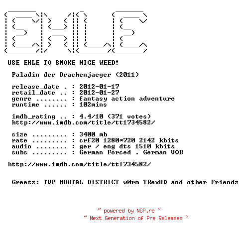 NFO for the release Paladin.Der.Drachenjaeger.2011.German.720p.BluRay.x264-EHLE by EHLE