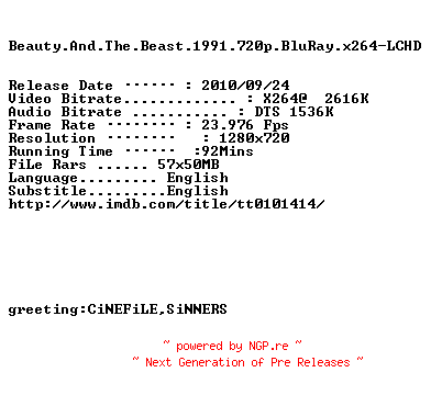 NFO for the release Beauty.And.The.Beast.1991.720p.BluRay.x264-LCHD by LCHD