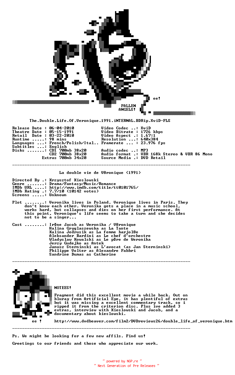 NFO for the release The.Double.Life.Of.Veronique.1991.iNTERNAL.BDRip.XviD-FLS by FLS