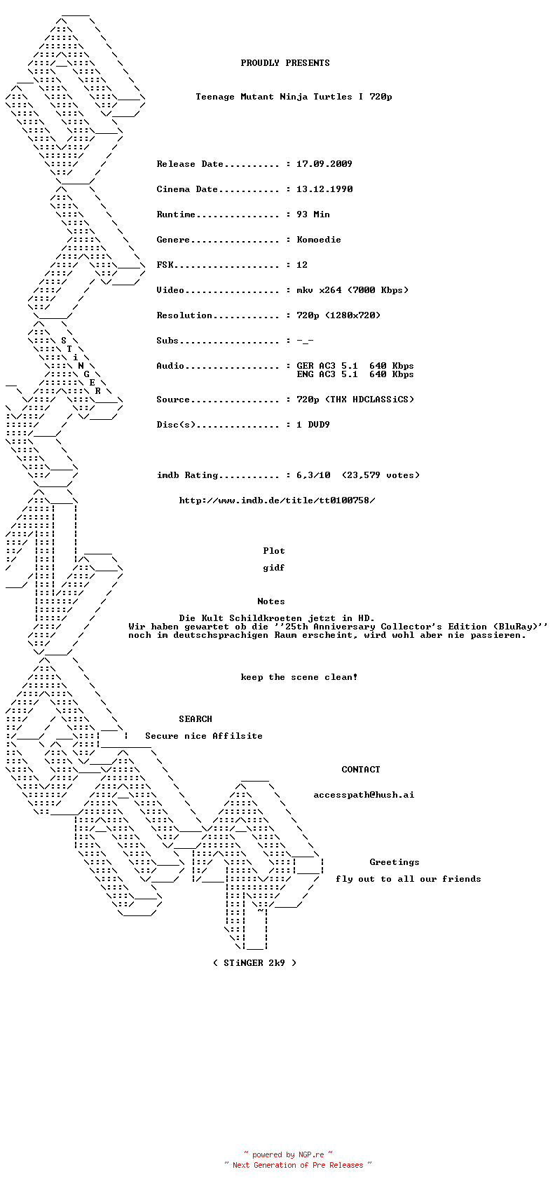 NFO for the release Teenage.Mutant.Ninja.Turtles.1990.German.AC3D.DL.720p.BluRay.x264-STiNGER by STiNGER