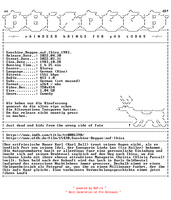 NFO for the release Sunshine.Reggae.auf.Ibiza.1983.Kinofassung.German.BDRiP.x264-RAiNDEER by RAiNDEER