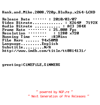 NFO for the release Hank.and.Mike.2008.720p.BluRay.x264-LCHD by LCHD