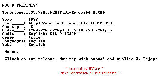 NFO for the release Tombstone.1993.720p.RERIP.BluRay.x264-AVCHD by AVCHD