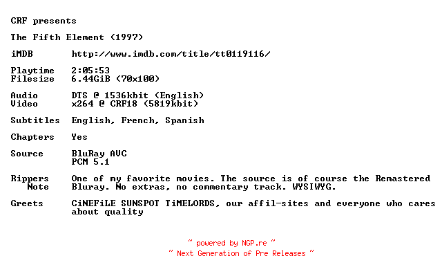 NFO for the release The.Fifth.Element.1997.720p.BluRay.x264.iNT-CRF by CRF
