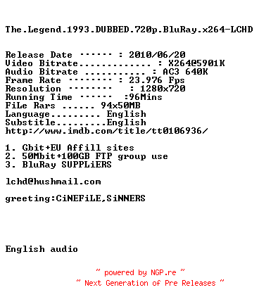 NFO for the release The.Legend.1993.DUBBED.720p.BluRay.x264-LCHD by LCHD