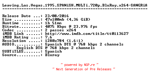 NFO for the release Leaving.Las.Vegas.1995.SPANiSH.MULTi.720p.BluRay.x264-SANGRiA by SANGRiA