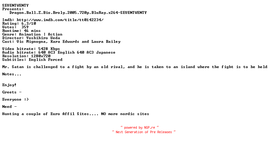 NFO for the release Dragon.Ball.Z.Bio.Broly.2005.720p.BluRay.x264-SEVENTWENTY by SEVENTWENTY