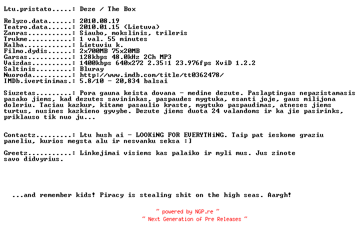 NFO for the release The.Box.2009.LT.BDRip.XviD-Ltu by Ltu