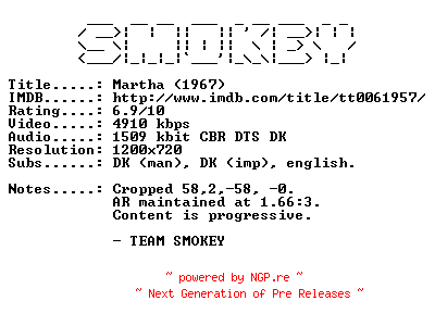 NFO for the release Martha.1967.DANISH.720p.Bluray.x264-SMOKEY by SMOKEY
