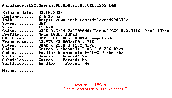 NFO for the release Ambulance.2022.German.DL.HDR.2160p.WEB.x265-W4K by W4K