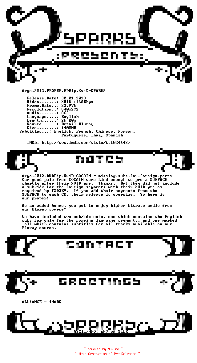 NFO for the release Argo.2012.PROPER.BDRip.XviD-SPARKS by SPARKS