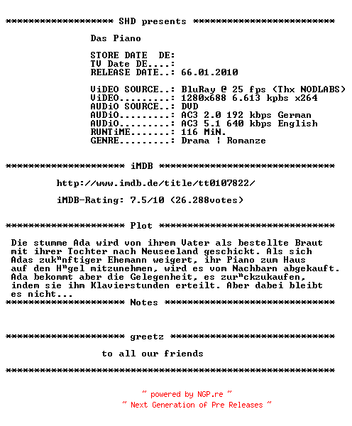 NFO for the release Das.Piano.1993.German.AC3D.DL.720p.BluRay.x264-SHD by SHD