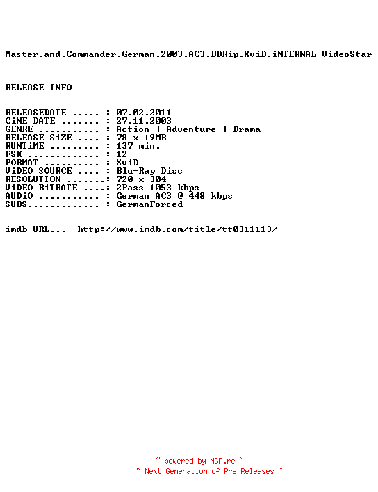 NFO for the release Master.and.Commander.German.2003.AC3.BDRip.XviD.iNTERNAL-VideoStar by VideoStar