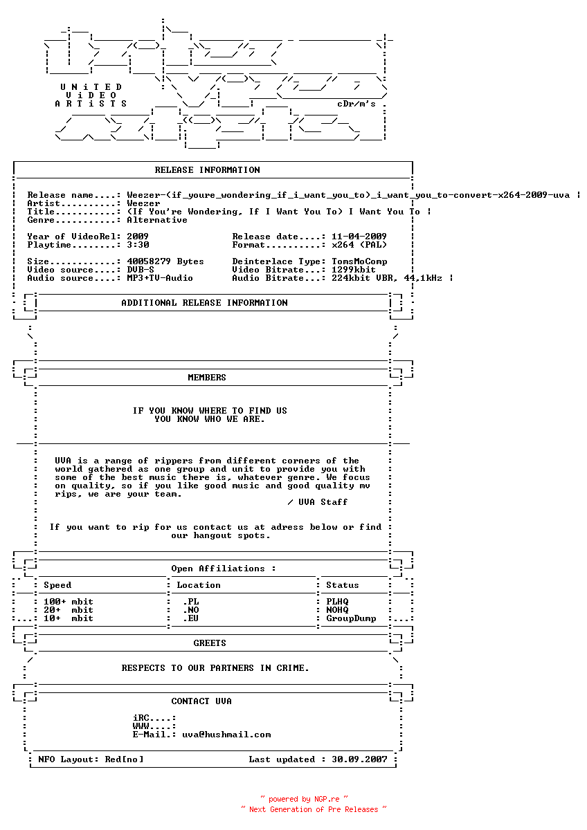 NFO for the release Weezer-(if_youre_wondering_if_i_want_you_to)_i_want_you_to-convert-x264-2009-uva by uva