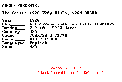 NFO for the release The.Circus.1928.720p.BluRay.x264-AVCHD by AVCHD