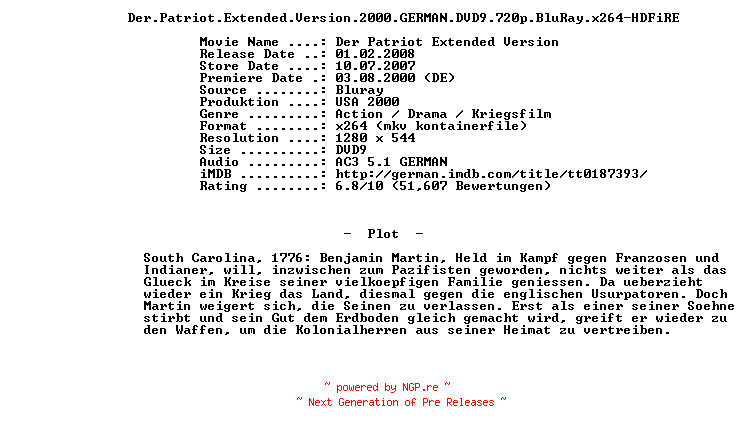 NFO for the release Der.Patriot.Extended.Version.2000.GERMAN.DVD9.720p.BluRay.x264-HDFiRE by HDFiRE