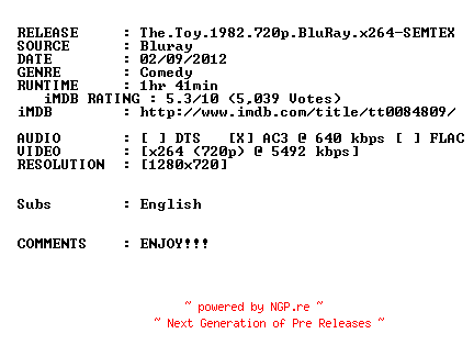 NFO for the release The.Toy.1982.720p.BluRay.x264-SEMTEX by SEMTEX