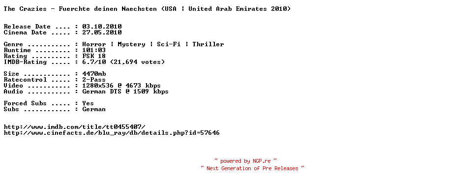 NFO for the release The.Crazies.Fuerchte.deinen.Naechsten.German.720p.BluRay.x264-EXQUiSiTE by EXQUiSiTE