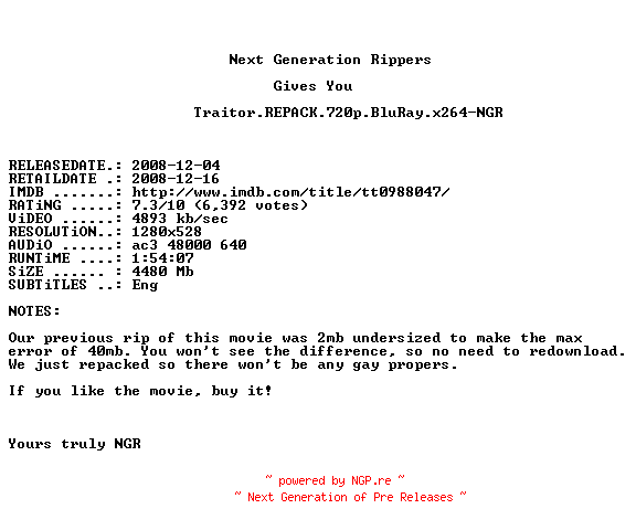 NFO for the release Traitor.REPACK.720p.BluRay.x264-NGR by NGR