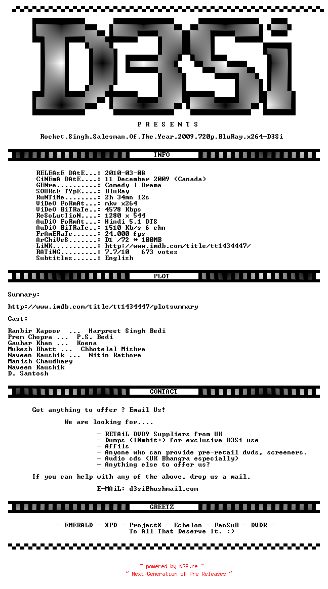 NFO for the release Rocket.Singh.Salesman.Of.The.Year.2009.720p.BluRay.x264-D3Si by D3Si