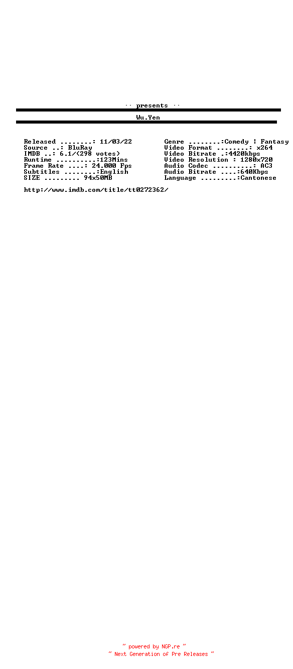 NFO for the release Wu.Yen.2001.720p.BluRay.x264-aBD by aBD