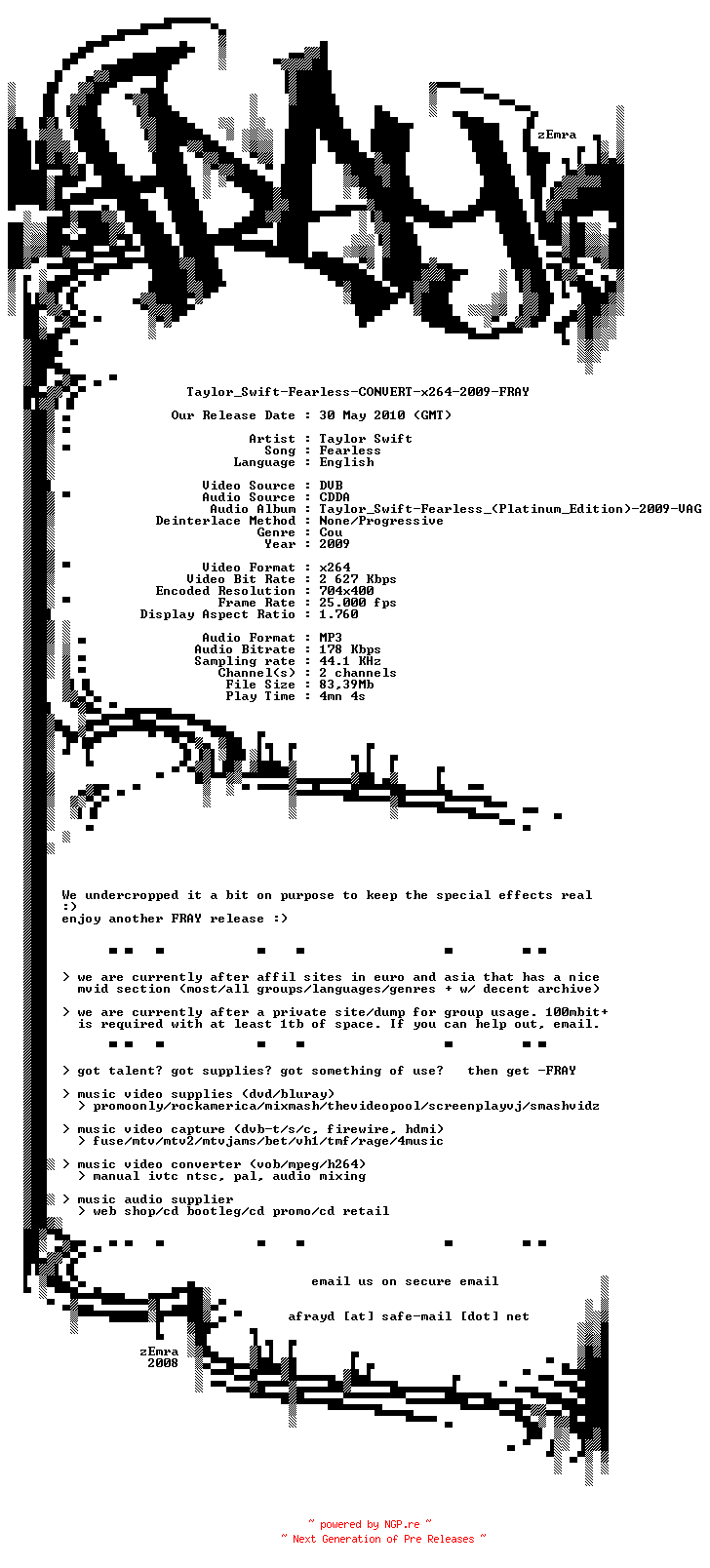 NFO for the release Taylor_Swift-Fearless-CONVERT-x264-2009-FRAY by FRAY