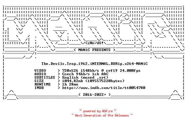 NFO for the release The.Devils.Trap.1962.iNTERNAL.BDRip.x264-MANiC by MANiC