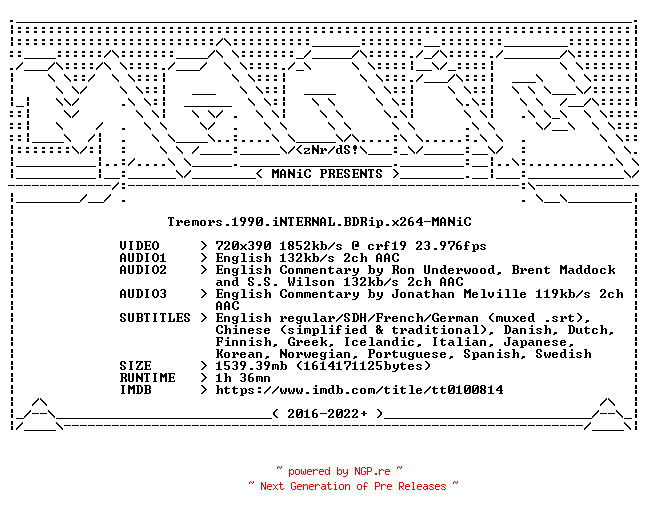 NFO for the release Tremors.1990.iNTERNAL.BDRip.x264-MANiC by MANiC