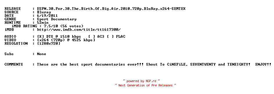 NFO for the release ESPN.30.For.30.The.Birth.Of.Big.Air.2010.720p.BluRay.x264-SEMTEX by SEMTEX