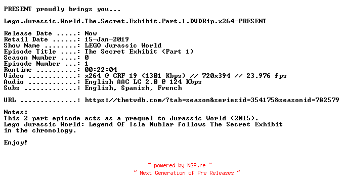 NFO for the release Lego.Jurassic.World.The.Secret.Exhibit.Part.1.DVDRip.x264-PRESENT by PRESENT