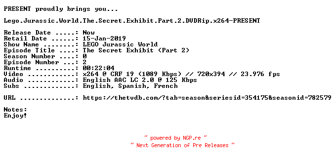 NFO for the release Lego.Jurassic.World.The.Secret.Exhibit.Part.2.DVDRip.x264-PRESENT by PRESENT