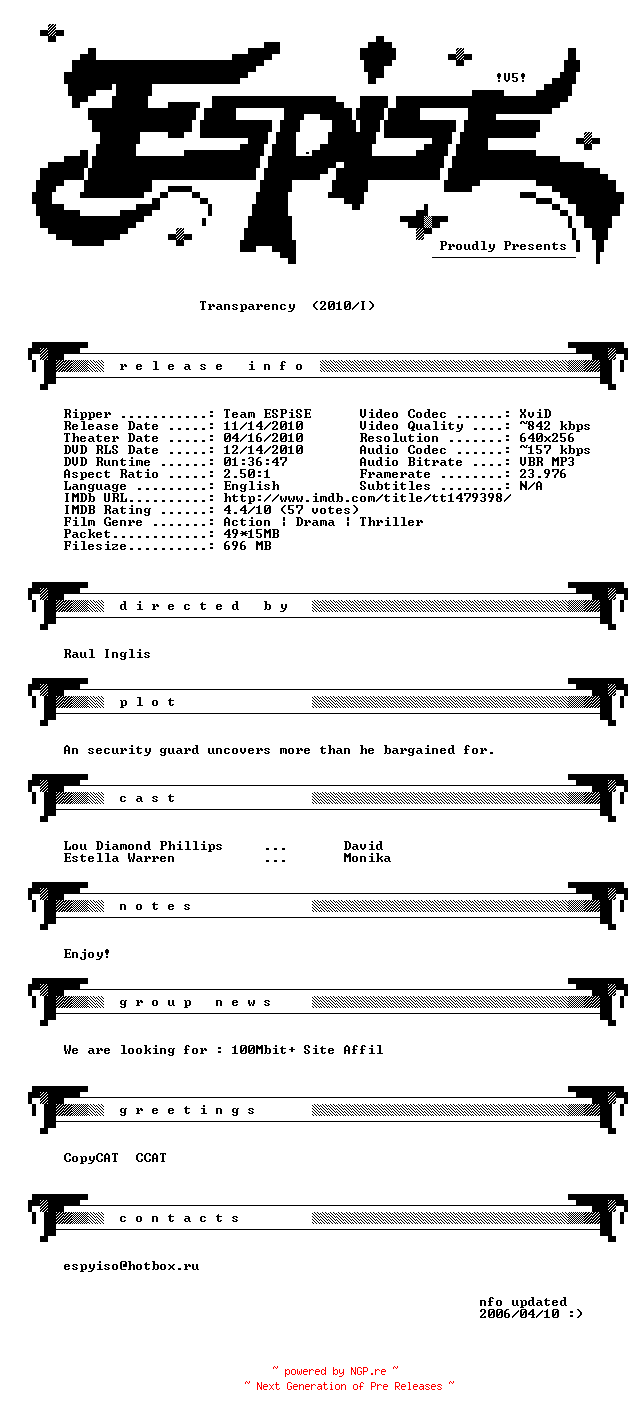 NFO for the release Transparency.2010.BDRip.XviD-ESPiSE by ESPiSE