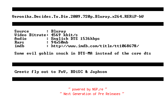 NFO for the release Veronika.Decides.To.Die.2009.720p.Bluray.x264.RERiP-hV by hV