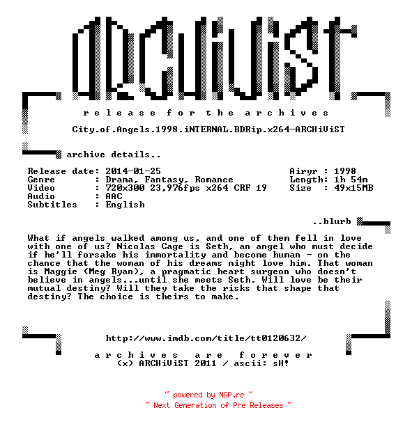 NFO for the release City.of.Angels.1998.iNTERNAL.BDRip.x264-ARCHiViST by ARCHiViST
