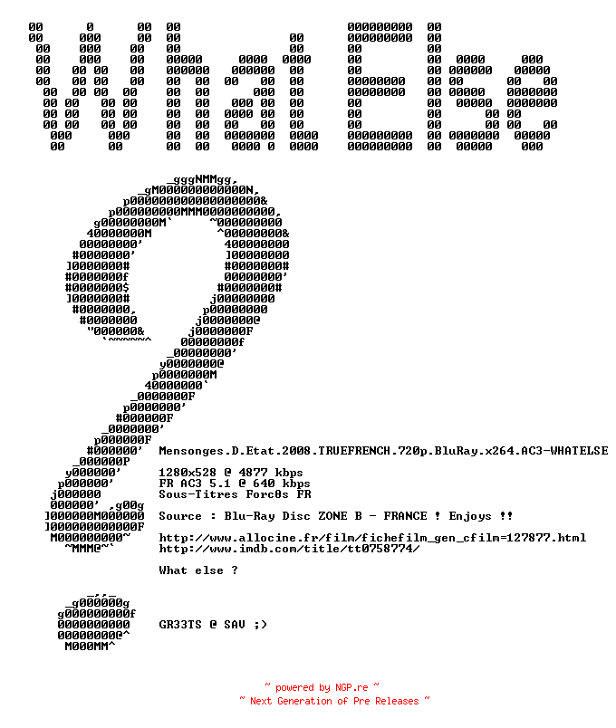 NFO for the release Mensonges.D.Etat.2008.TRUEFRENCH.720p.BluRay.x264.AC3-WHATELSE by WHATELSE