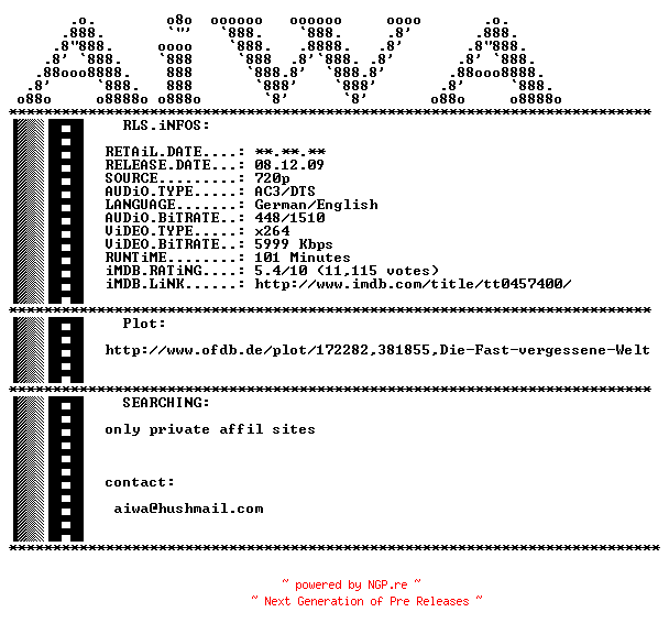 NFO for the release Die.Fast.Vergessene.Welt.German.2009.AC3D.DL.720p.BluRay.x264-AiWA by AiWA