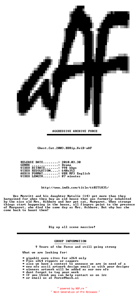 NFO for the release Ghost.Cat.2003.BDRip.XviD-aAF by aAF