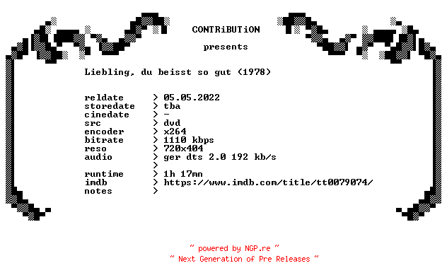 NFO for the release Liebling.du.beisst.so.gut.1978.German.DVDRip.x264-CONTRiBUTiON by CONTRiBUTiON
