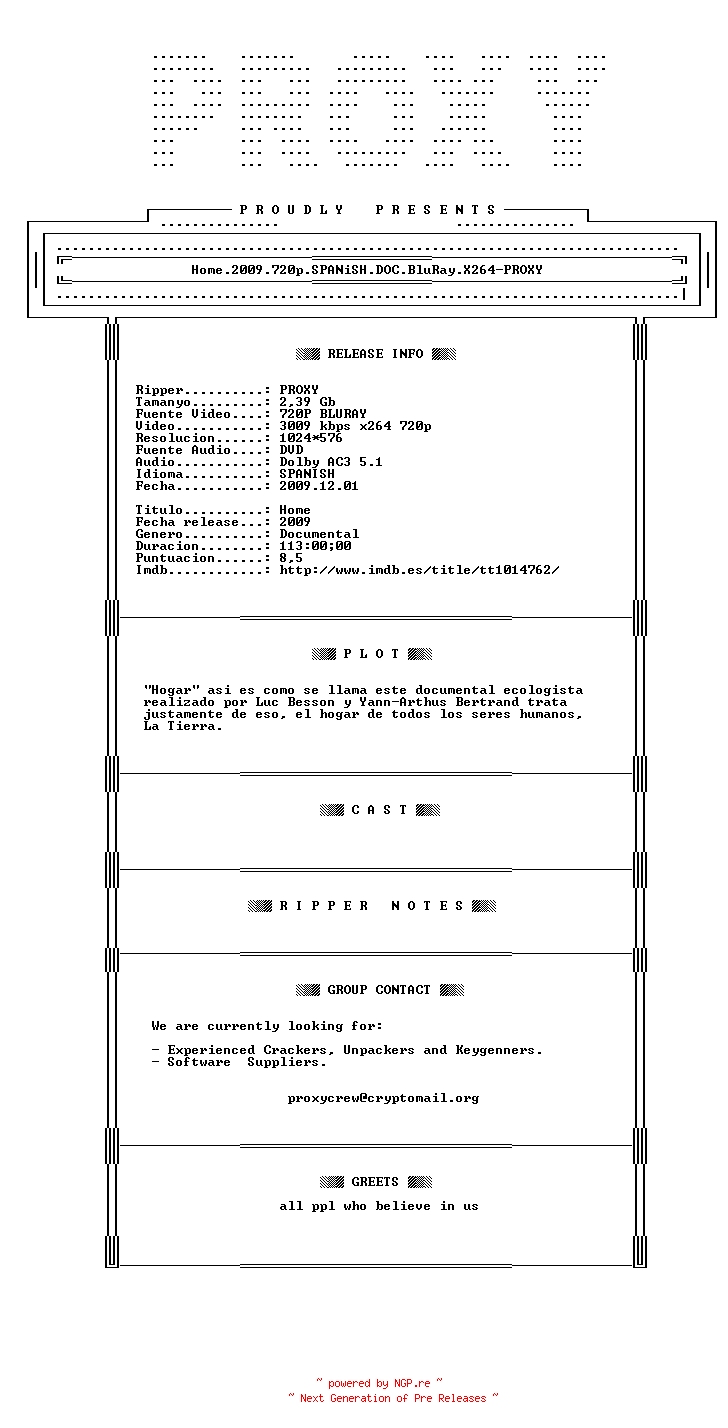 NFO for the release Home.2009.720p.SPANiSH.DOC.BluRay.X264-PROXY by PROXY